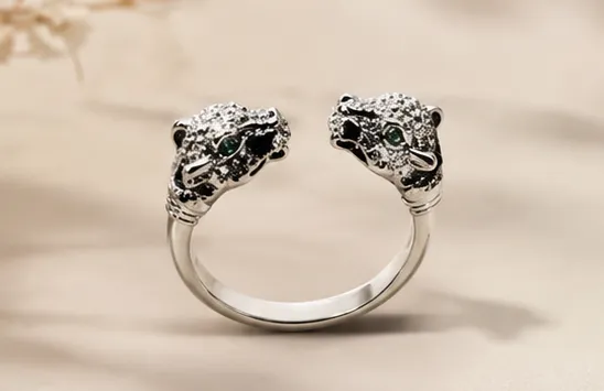 Silver Panther Head with Emerald Eyes and CZ Ring